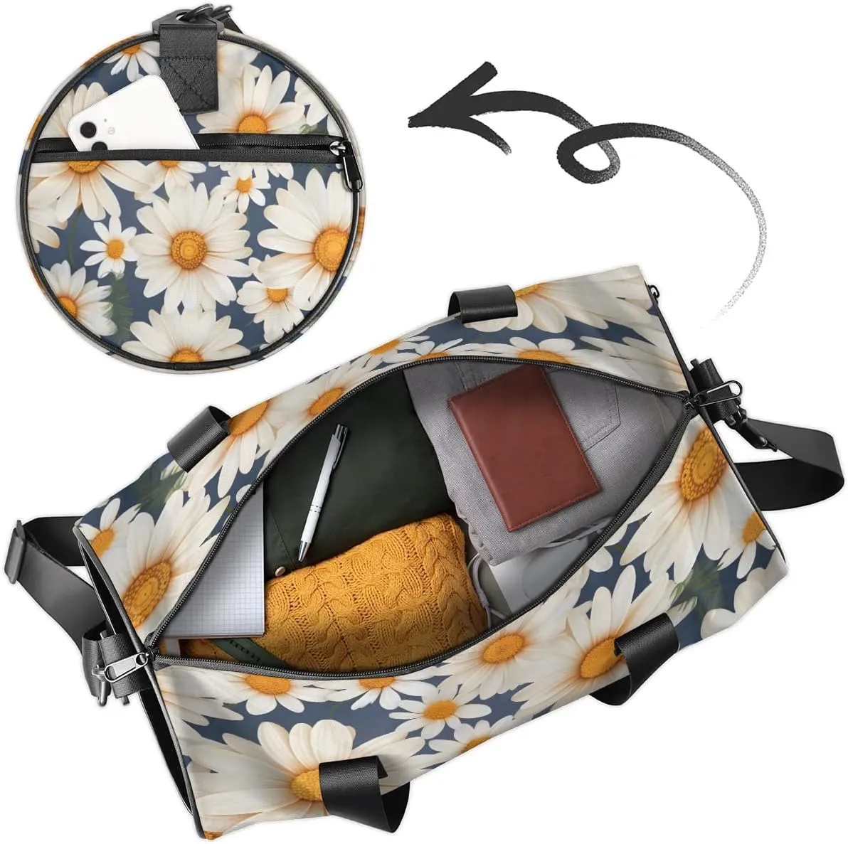 Gym Bags for Men Women Beautiful Daisies Sports Duffel Bags Carry On Travel Duffle Bag with Detachable Adjustable Shoulder Strap Overnight Weekender Bag