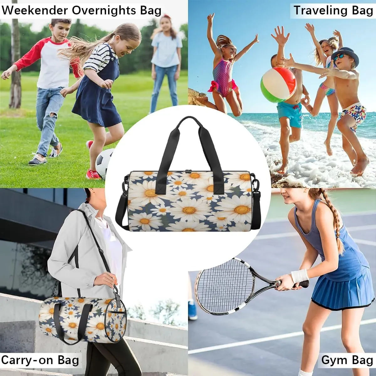 Gym Bags for Men Women Beautiful Daisies Sports Duffel Bags Carry On Travel Duffle Bag with Detachable Adjustable Shoulder Strap Overnight Weekender Bag