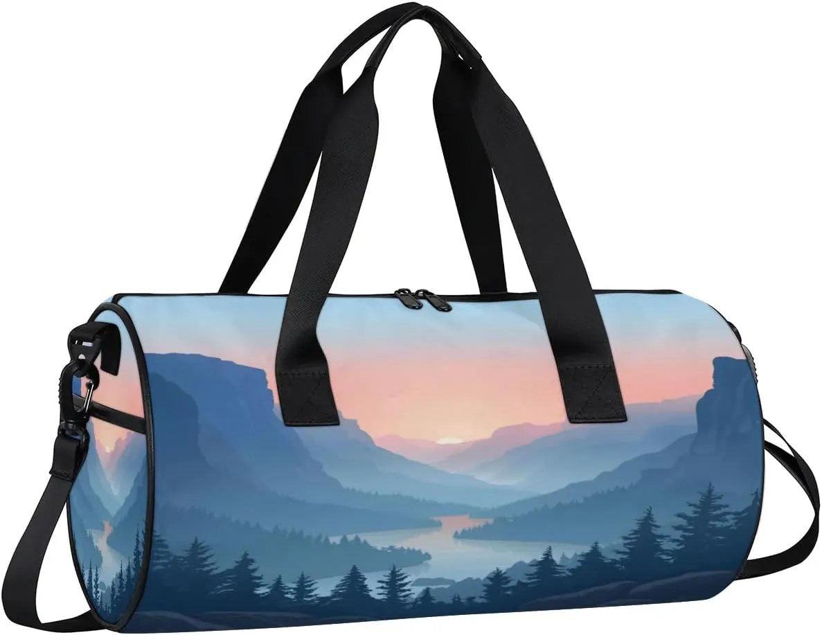 Gym Bags for Men Women Beautiful Mountains River Sports Duffel Bags Carry On Travel Duffle Bag with Detachable Adjustable Shoulder Strap Overnight Weekender Bag