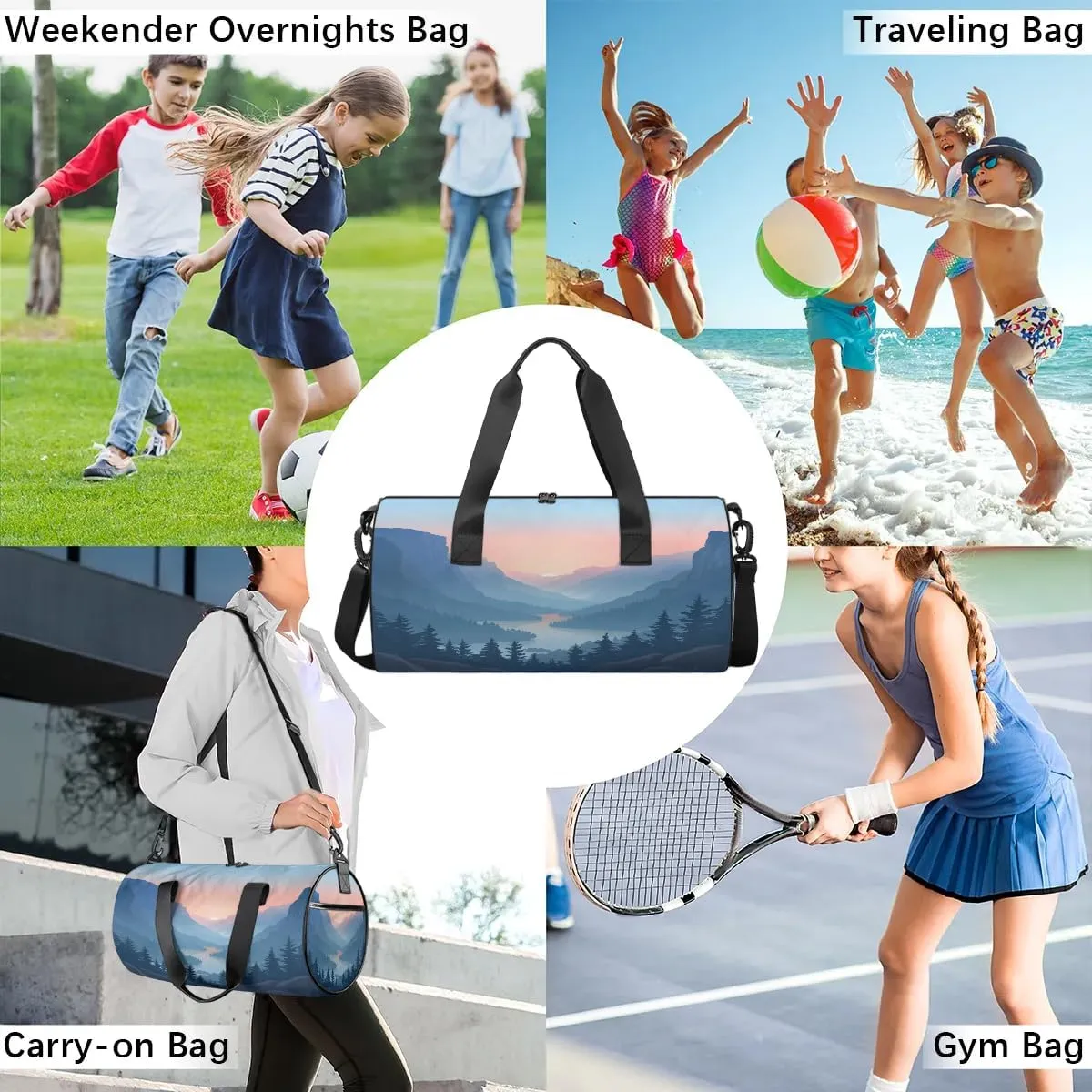 Gym Bags for Men Women Beautiful Mountains River Sports Duffel Bags Carry On Travel Duffle Bag with Detachable Adjustable Shoulder Strap Overnight Weekender Bag