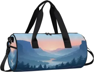 Gym Bags for Men Women Beautiful Mountains River Sports Duffel Bags Carry On Travel Duffle Bag with Detachable Adjustable Shoulder Strap Overnight Weekender Bag