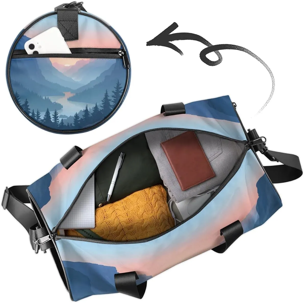 Gym Bags for Men Women Beautiful Mountains River Sports Duffel Bags Carry On Travel Duffle Bag with Detachable Adjustable Shoulder Strap Overnight Weekender Bag