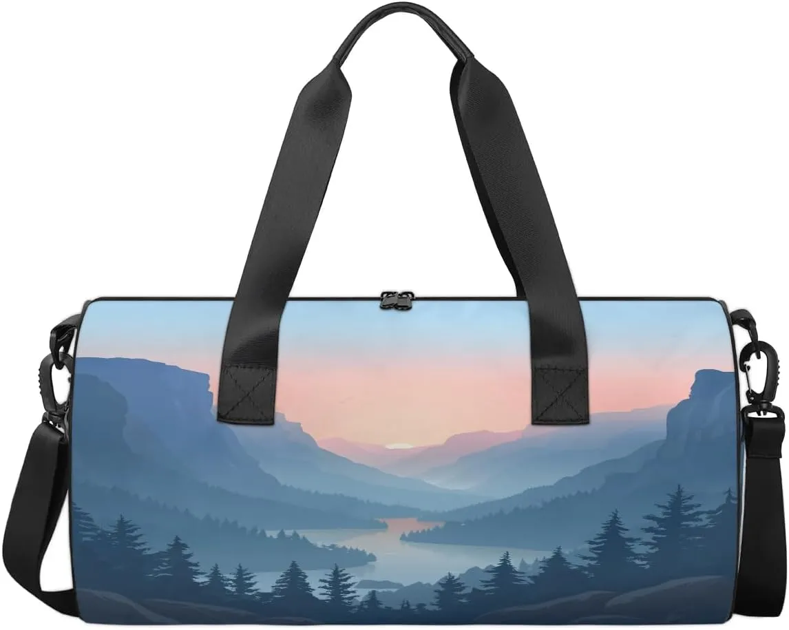 Gym Bags for Men Women Beautiful Mountains River Sports Duffel Bags Carry On Travel Duffle Bag with Detachable Adjustable Shoulder Strap Overnight Weekender Bag
