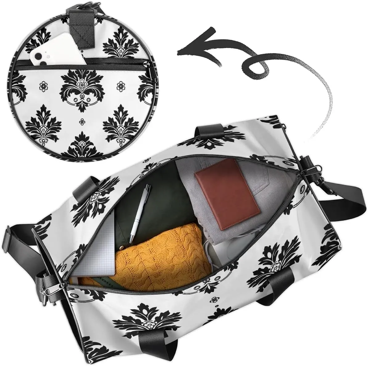 Gym Bags for Men Women Black Floral Sports Duffel Bags Carry On Travel Duffle Bag with Detachable Adjustable Shoulder Strap Overnight Weekender Bag