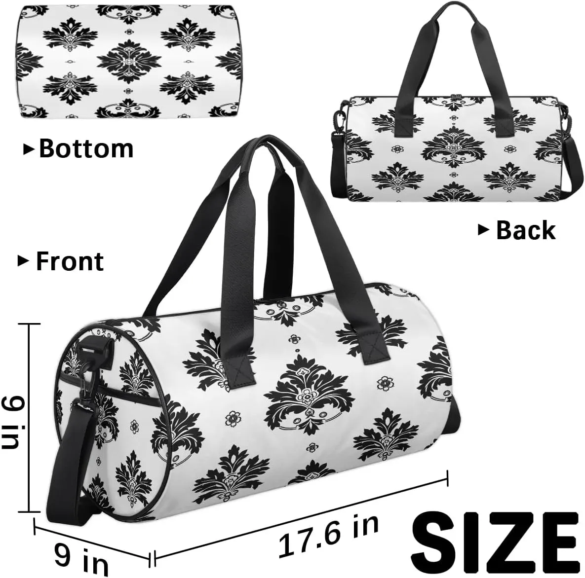 Gym Bags for Men Women Black Floral Sports Duffel Bags Carry On Travel Duffle Bag with Detachable Adjustable Shoulder Strap Overnight Weekender Bag