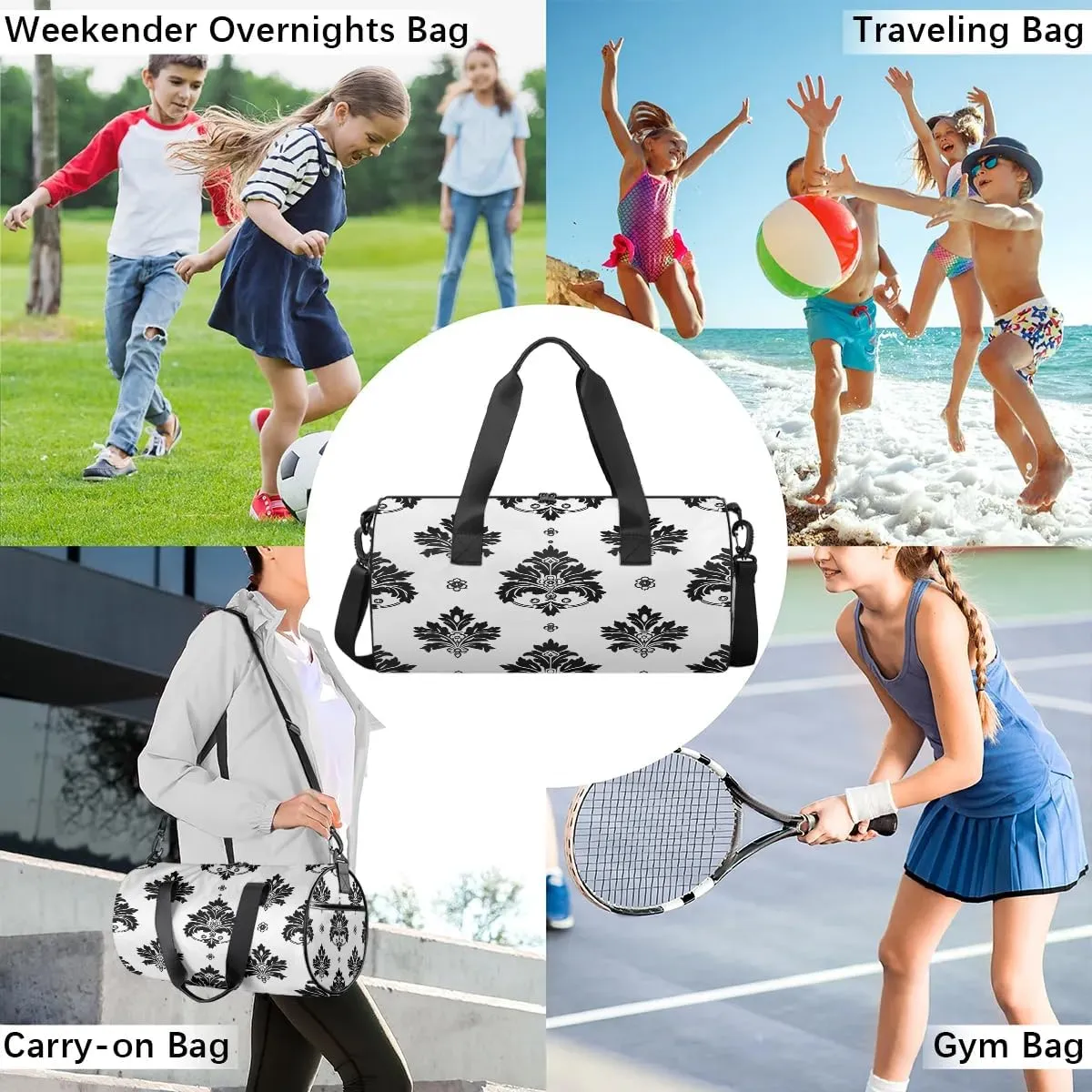 Gym Bags for Men Women Black Floral Sports Duffel Bags Carry On Travel Duffle Bag with Detachable Adjustable Shoulder Strap Overnight Weekender Bag