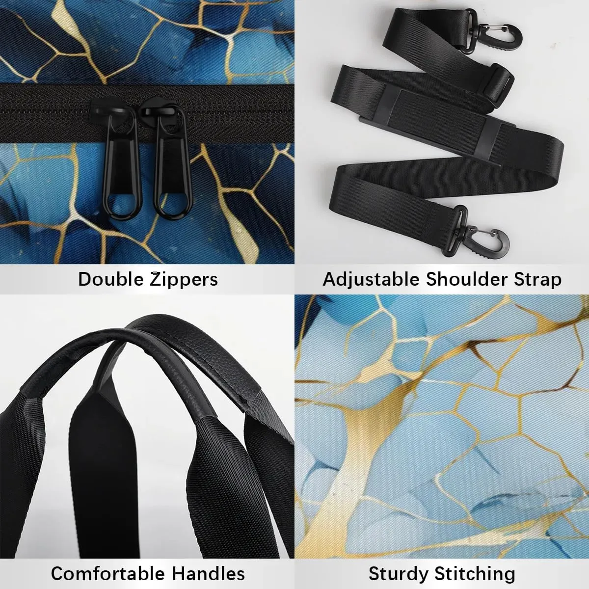 Gym Bags for Men Women Blue Golden Marble Sports Duffel Bags Carry On Travel Duffle Bag with Detachable Adjustable Shoulder Strap Overnight Weekender Bag