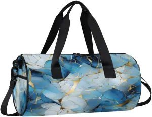 Gym Bags for Men Women Blue Golden Marble Sports Duffel Bags Carry On Travel Duffle Bag with Detachable Adjustable Shoulder Strap Overnight Weekender Bag