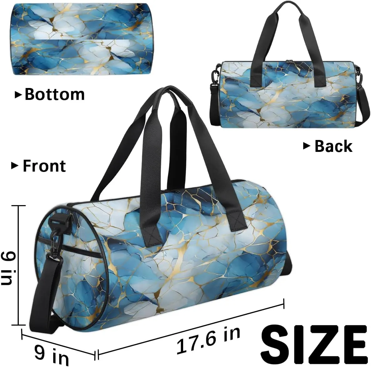 Gym Bags for Men Women Blue Golden Marble Sports Duffel Bags Carry On Travel Duffle Bag with Detachable Adjustable Shoulder Strap Overnight Weekender Bag