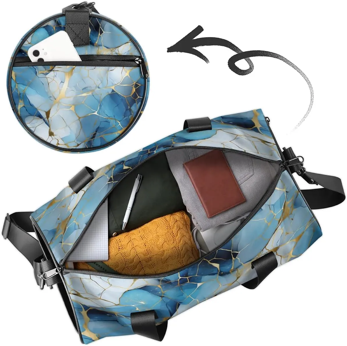 Gym Bags for Men Women Blue Golden Marble Sports Duffel Bags Carry On Travel Duffle Bag with Detachable Adjustable Shoulder Strap Overnight Weekender Bag
