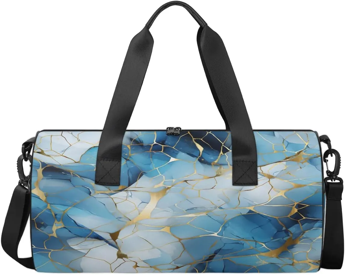 Gym Bags for Men Women Blue Golden Marble Sports Duffel Bags Carry On Travel Duffle Bag with Detachable Adjustable Shoulder Strap Overnight Weekender Bag