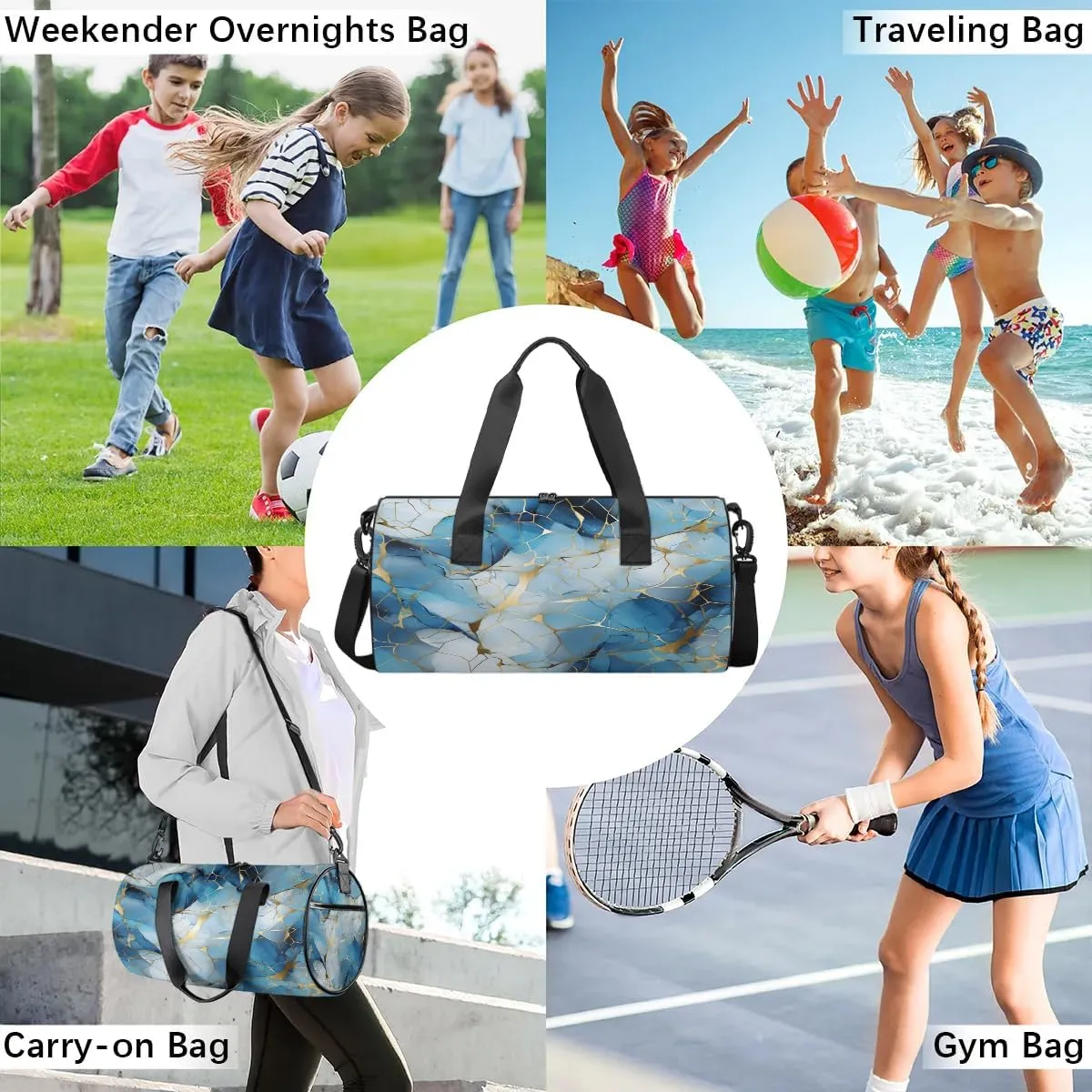 Gym Bags for Men Women Blue Golden Marble Sports Duffel Bags Carry On Travel Duffle Bag with Detachable Adjustable Shoulder Strap Overnight Weekender Bag
