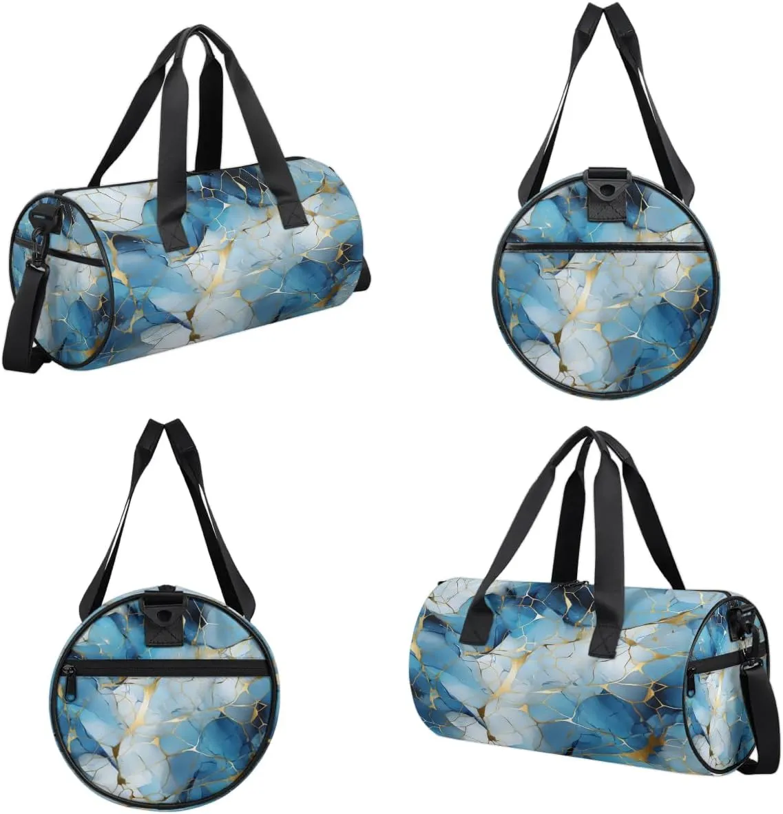 Gym Bags for Men Women Blue Golden Marble Sports Duffel Bags Carry On Travel Duffle Bag with Detachable Adjustable Shoulder Strap Overnight Weekender Bag