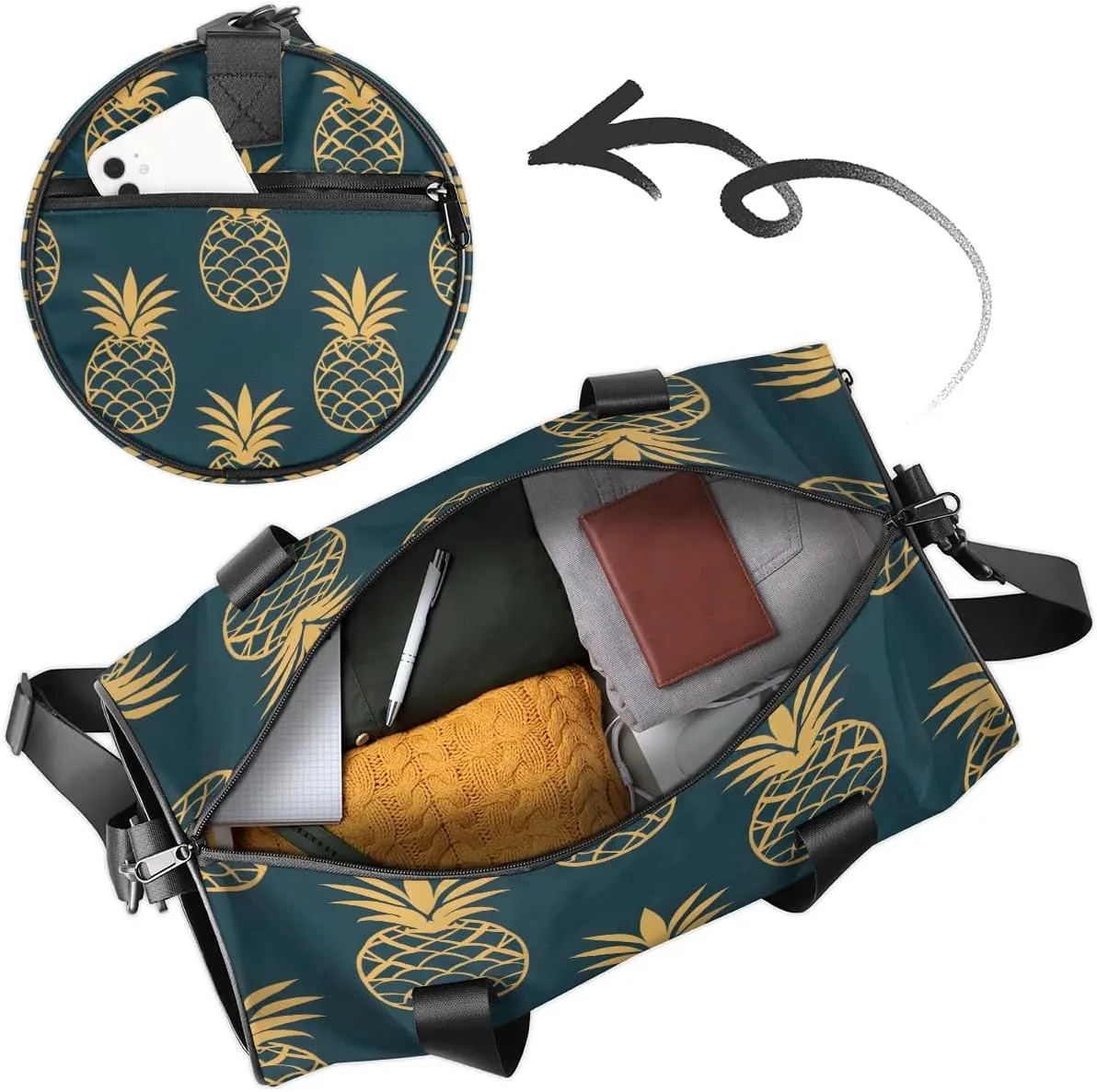 Gym Bags for Men Women Cute Pineapples Print Sports Duffel Bags Carry On Travel Duffle Bag with Detachable Adjustable Shoulder Strap Overnight Weekender Bag