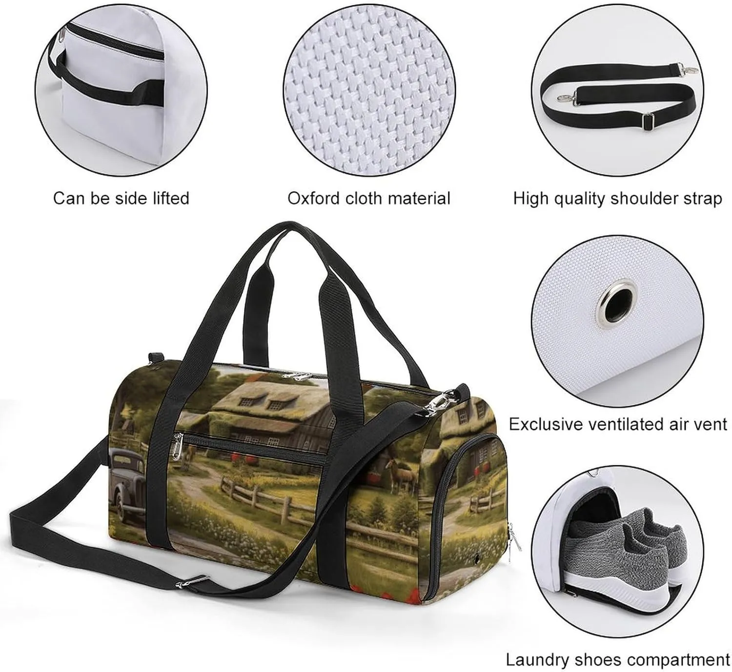 Gym Bags for Men Women Farm Thatched Cottage Duffle Bag Travel Overnight Bag with Shoe Compartment Tote Bags