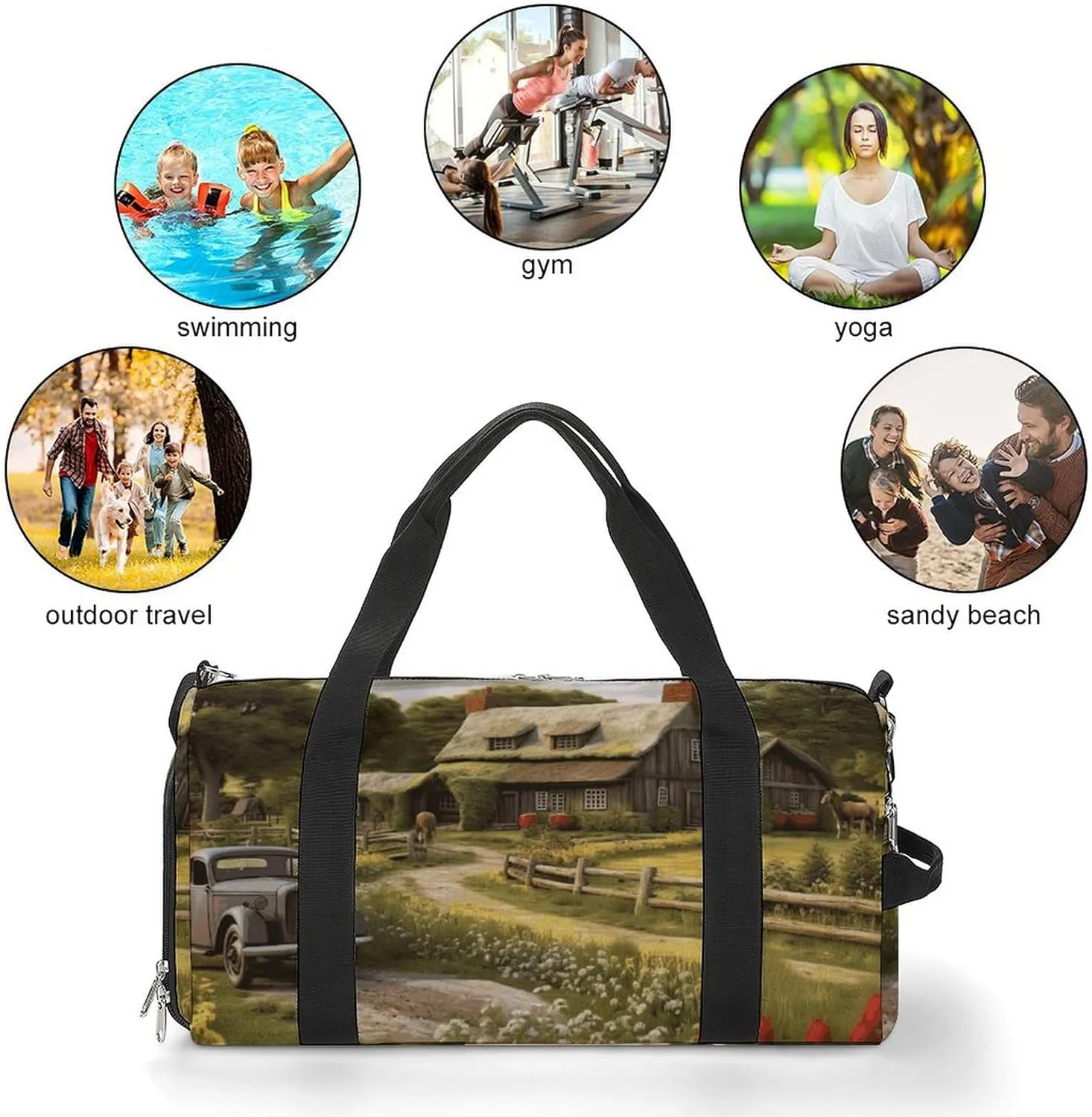 Gym Bags for Men Women Farm Thatched Cottage Duffle Bag Travel Overnight Bag with Shoe Compartment Tote Bags