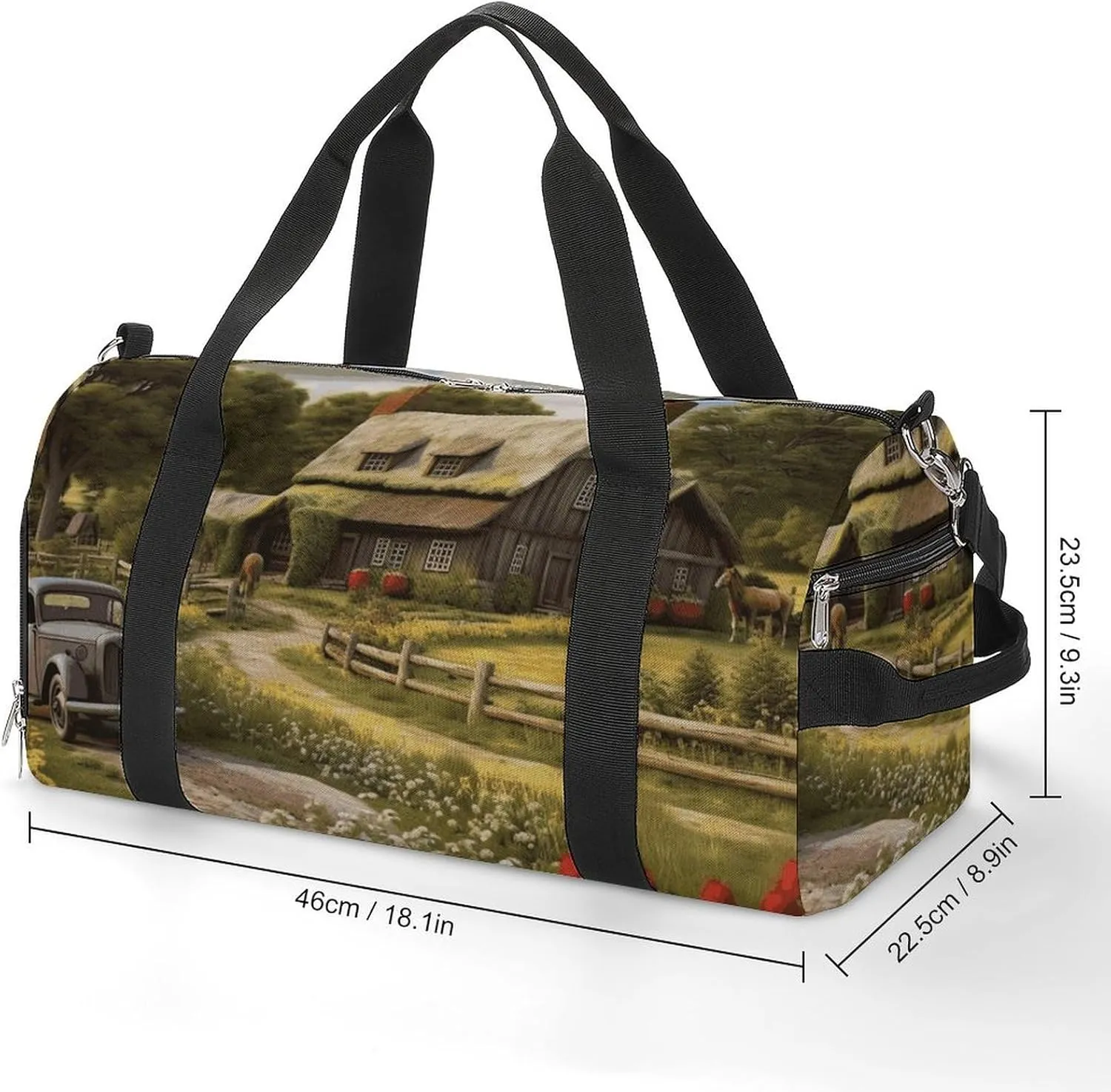 Gym Bags for Men Women Farm Thatched Cottage Duffle Bag Travel Overnight Bag with Shoe Compartment Tote Bags