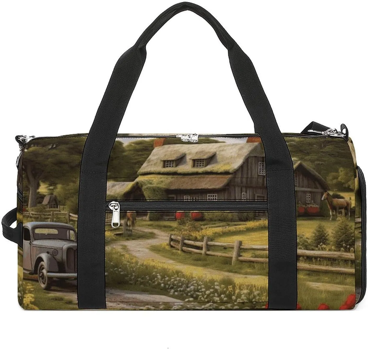 Gym Bags for Men Women Farm Thatched Cottage Duffle Bag Travel Overnight Bag with Shoe Compartment Tote Bags