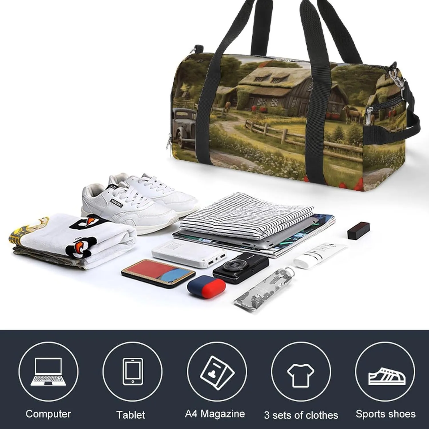 Gym Bags for Men Women Farm Thatched Cottage Duffle Bag Travel Overnight Bag with Shoe Compartment Tote Bags