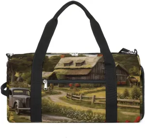 Gym Bags for Men Women Farm Thatched Cottage Duffle Bag Travel Overnight Bag with Shoe Compartment Tote Bags