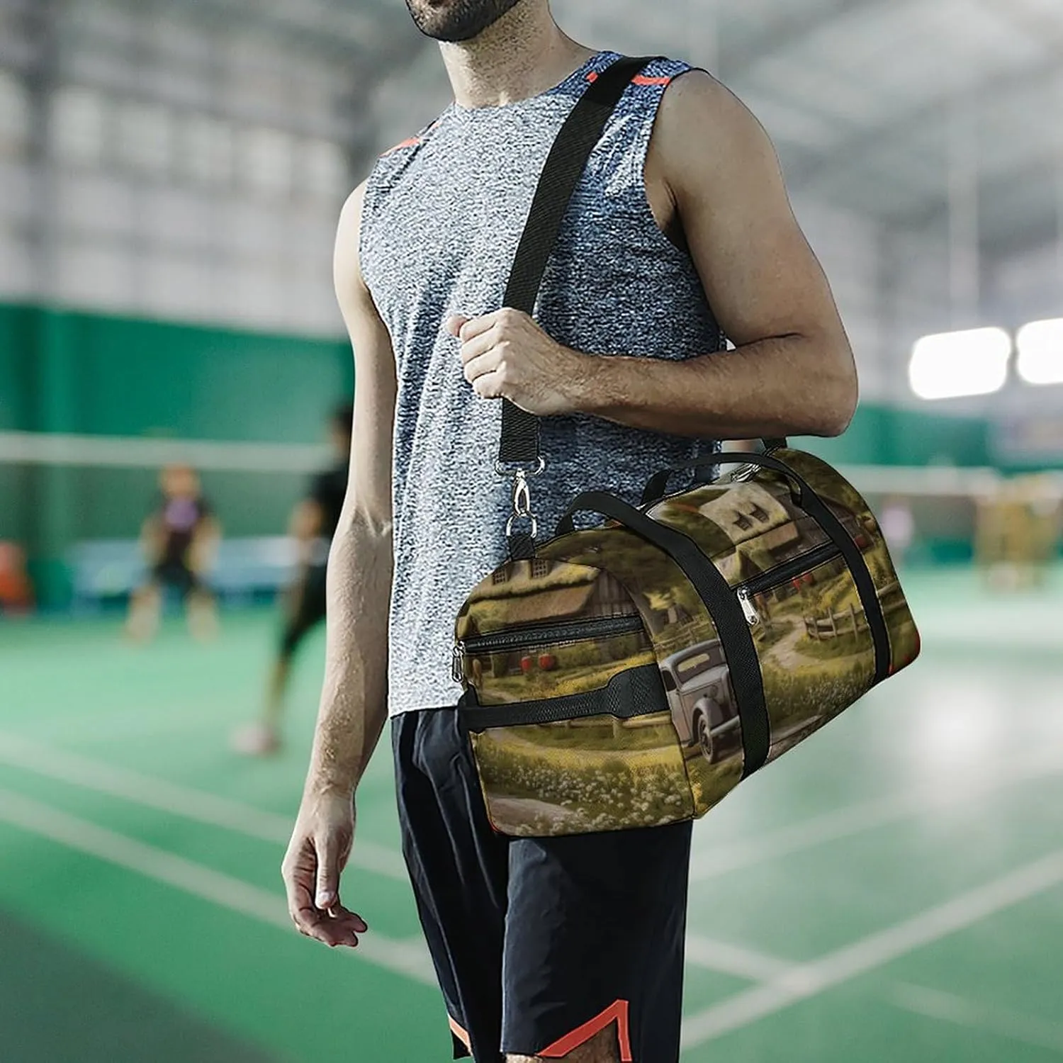 Gym Bags for Men Women Farm Thatched Cottage Duffle Bag Travel Overnight Bag with Shoe Compartment Tote Bags