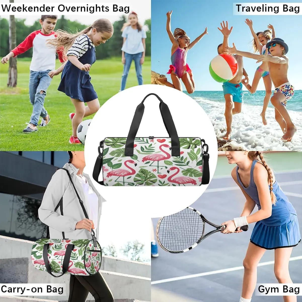Gym Bags for Men Women Flamingo Fern Leaf Sports Duffel Bags Carry On Travel Duffle Bag with Detachable Adjustable Shoulder Strap Overnight Weekender Bag