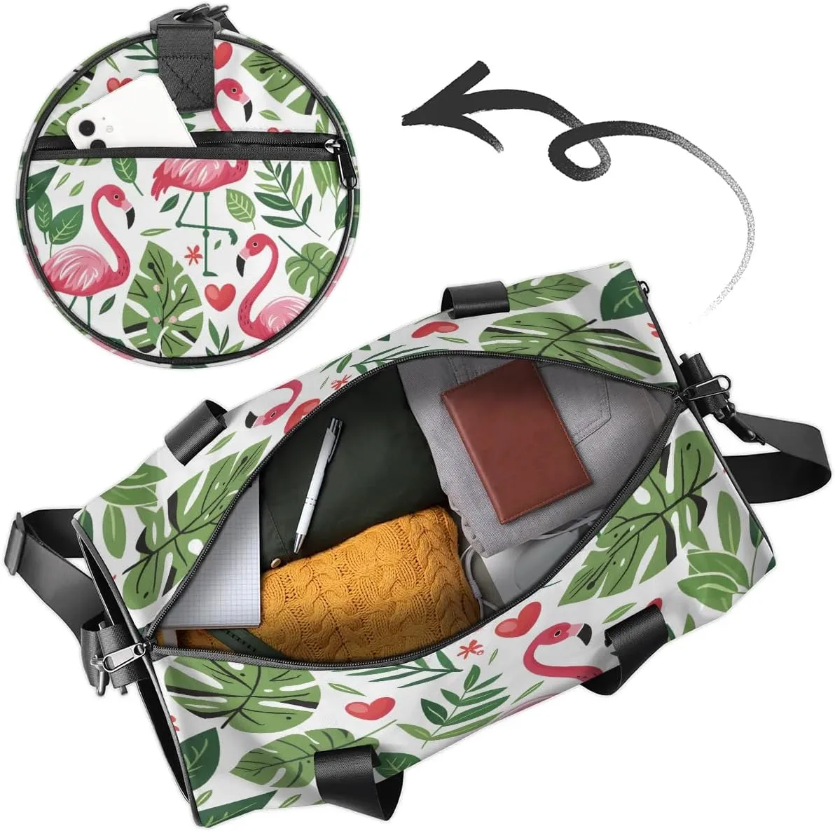 Gym Bags for Men Women Flamingo Fern Leaf Sports Duffel Bags Carry On Travel Duffle Bag with Detachable Adjustable Shoulder Strap Overnight Weekender Bag