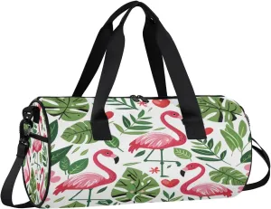 Gym Bags for Men Women Flamingo Fern Leaf Sports Duffel Bags Carry On Travel Duffle Bag with Detachable Adjustable Shoulder Strap Overnight Weekender Bag