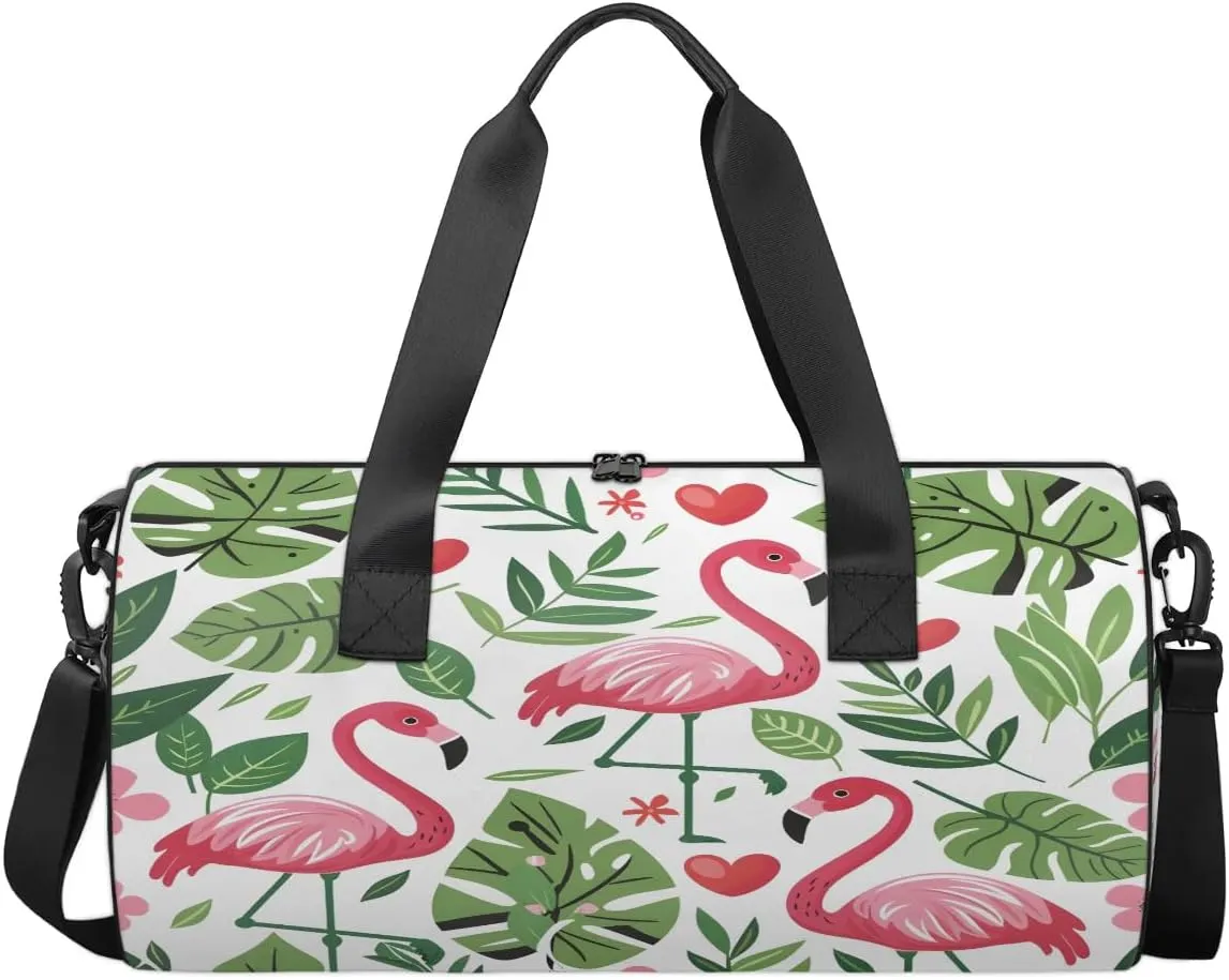 Gym Bags for Men Women Flamingo Fern Leaf Sports Duffel Bags Carry On Travel Duffle Bag with Detachable Adjustable Shoulder Strap Overnight Weekender Bag