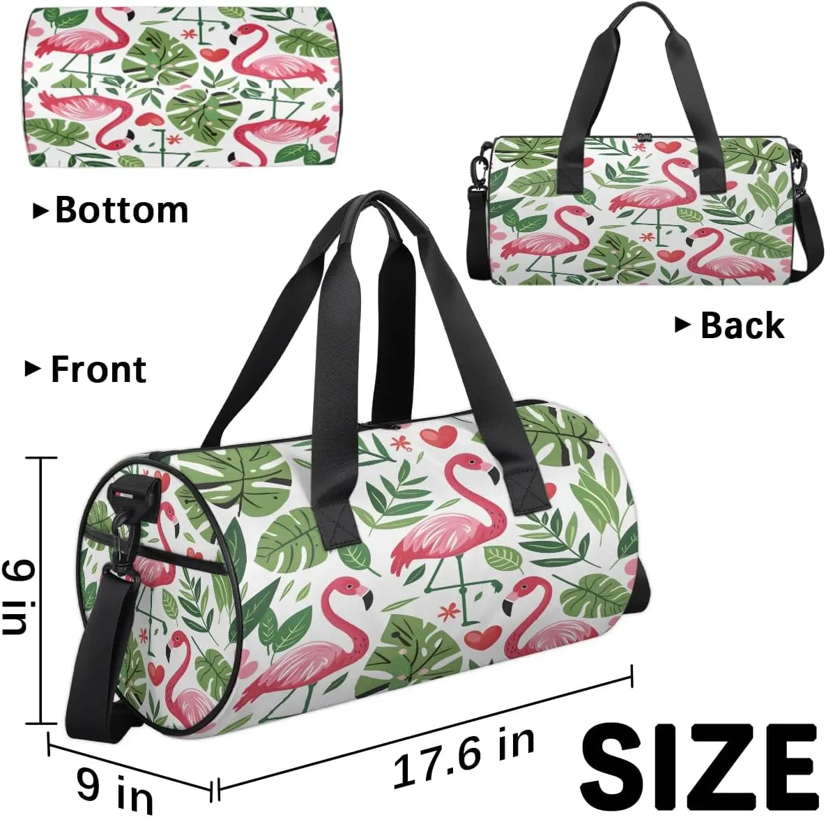 Gym Bags for Men Women Flamingo Fern Leaf Sports Duffel Bags Carry On Travel Duffle Bag with Detachable Adjustable Shoulder Strap Overnight Weekender Bag