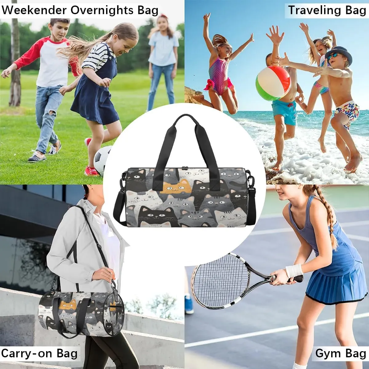 Gym Bags for Men Women Funny Cat Print Sports Duffel Bags Carry On Travel Duffle Bag with Detachable Adjustable Shoulder Strap Overnight Weekender Bag