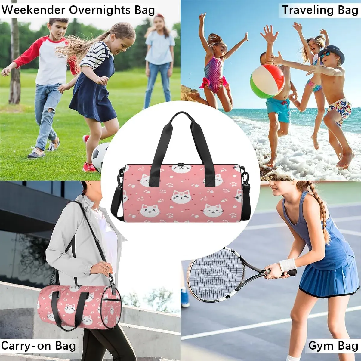 Gym Bags for Men Women Lovely Cats Paw Print Sports Duffel Bags Carry On Travel Duffle Bag with Detachable Adjustable Shoulder Strap Overnight Weekender Bag