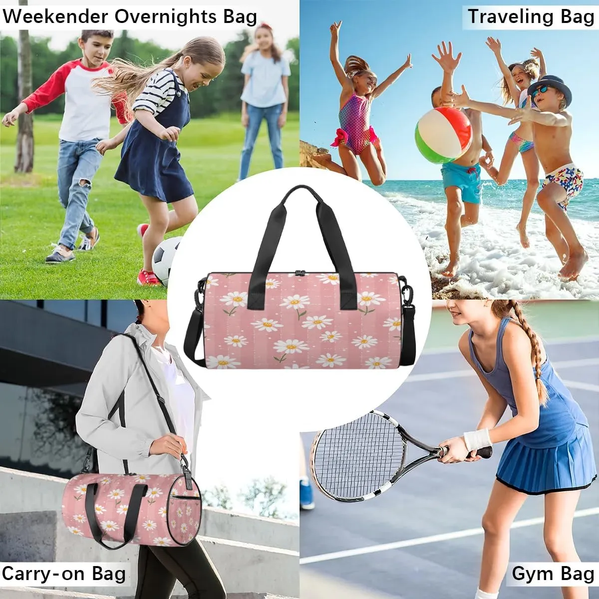 Gym Bags for Men Women Lovely Daisy Floral Sports Duffel Bags Carry On Travel Duffle Bag with Detachable Adjustable Shoulder Strap Overnight Weekender Bag