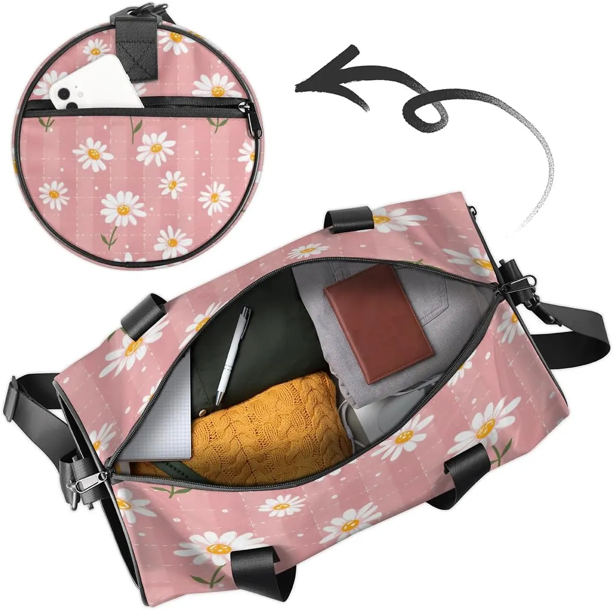 Gym Bags for Men Women Lovely Daisy Floral Sports Duffel Bags Carry On Travel Duffle Bag with Detachable Adjustable Shoulder Strap Overnight Weekender Bag