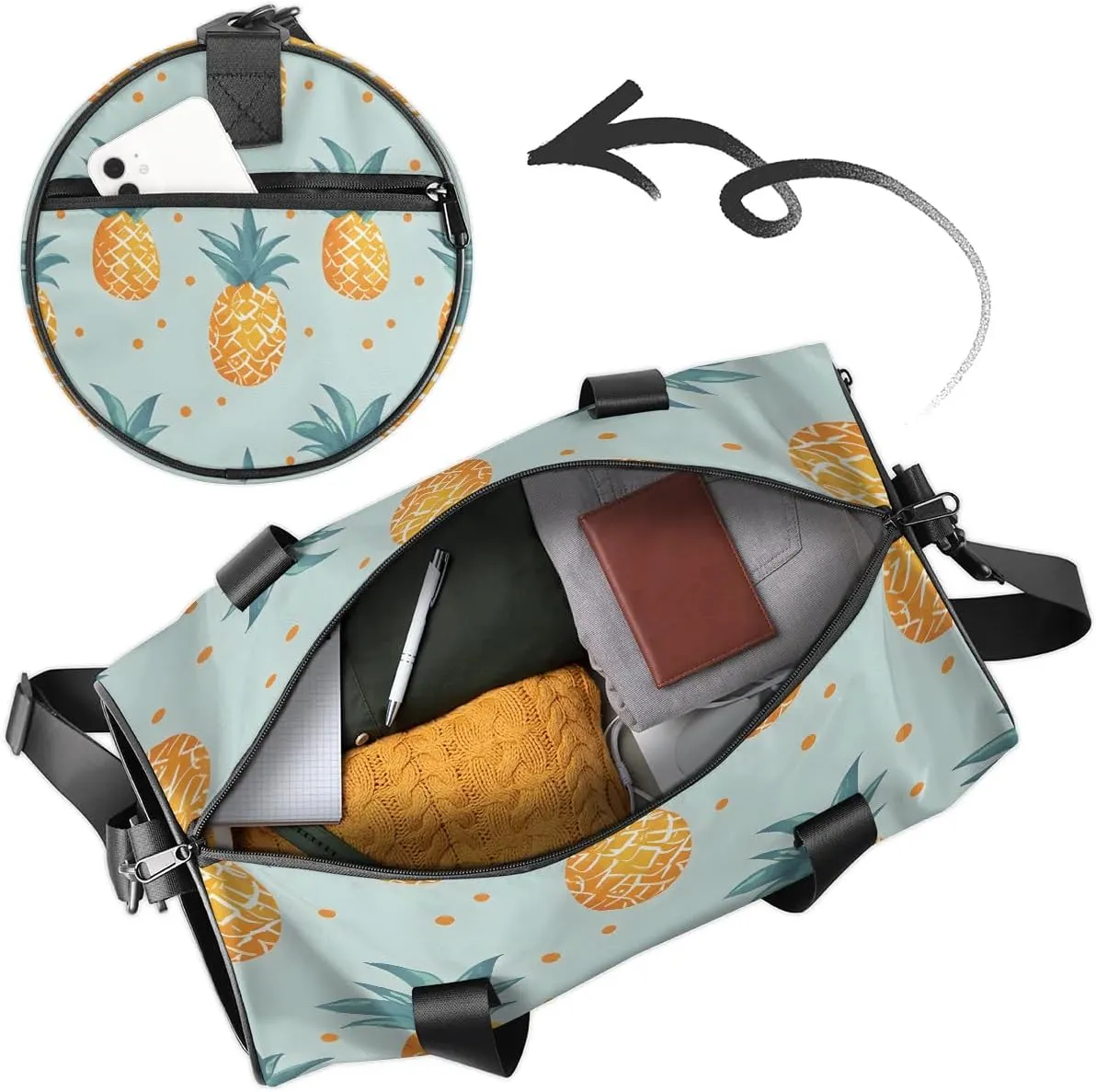 Gym Bags for Men Women Pineapples Fruit Print Sports Duffel Bags Carry On Travel Duffle Bag with Detachable Adjustable Shoulder Strap Overnight Weekender Bag