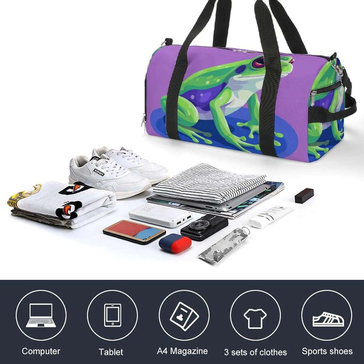 Gym Bags Small Color Block Frog Duffel Bag Overnight Bag with Shoe Compartment Carryon Bag for Men Women