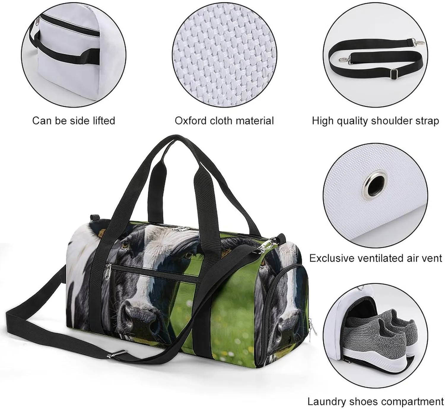 Gym Bags Small Cow Black And White Spot Duffel Bag Overnight Bag with Shoe Compartment Carryon Bag for Men Women