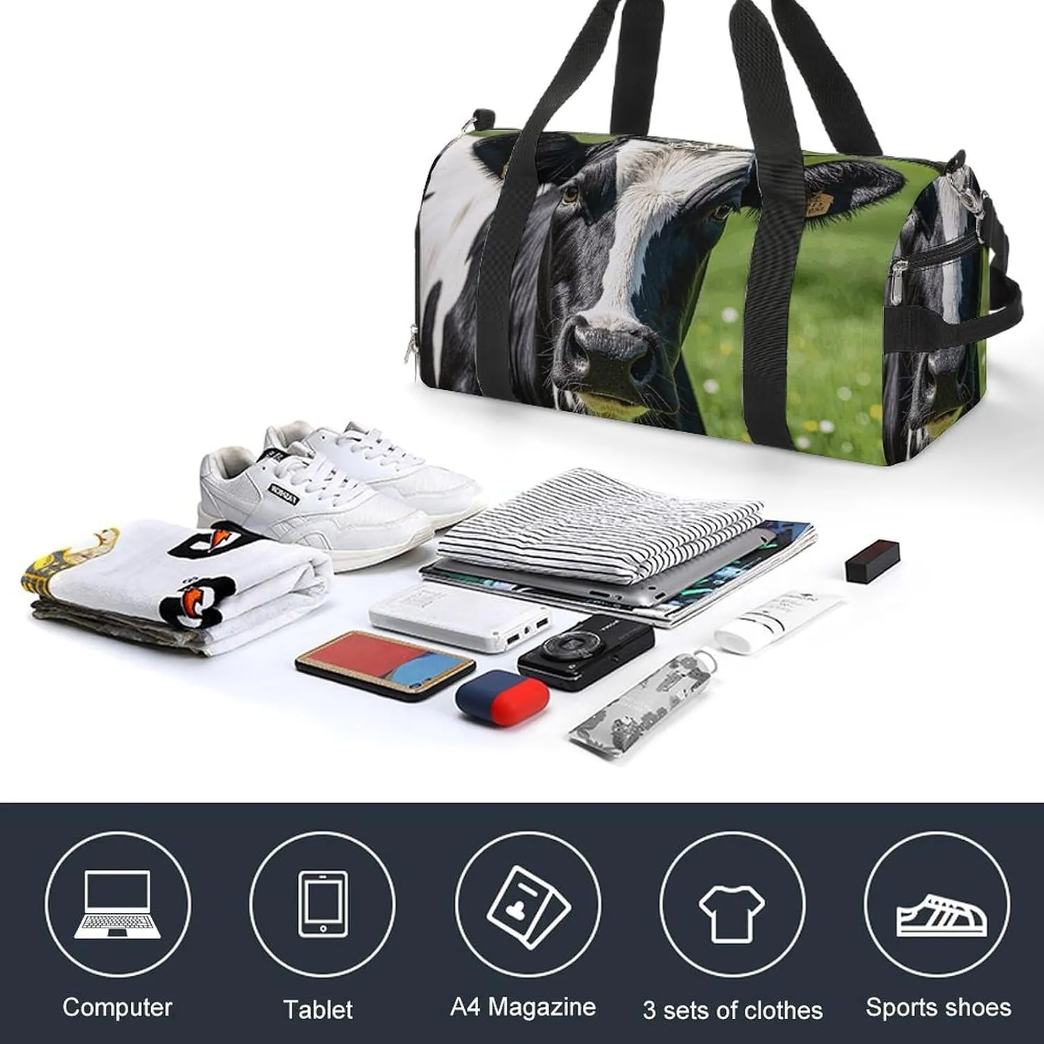 Gym Bags Small Cow Black And White Spot Duffel Bag Overnight Bag with Shoe Compartment Carryon Bag for Men Women