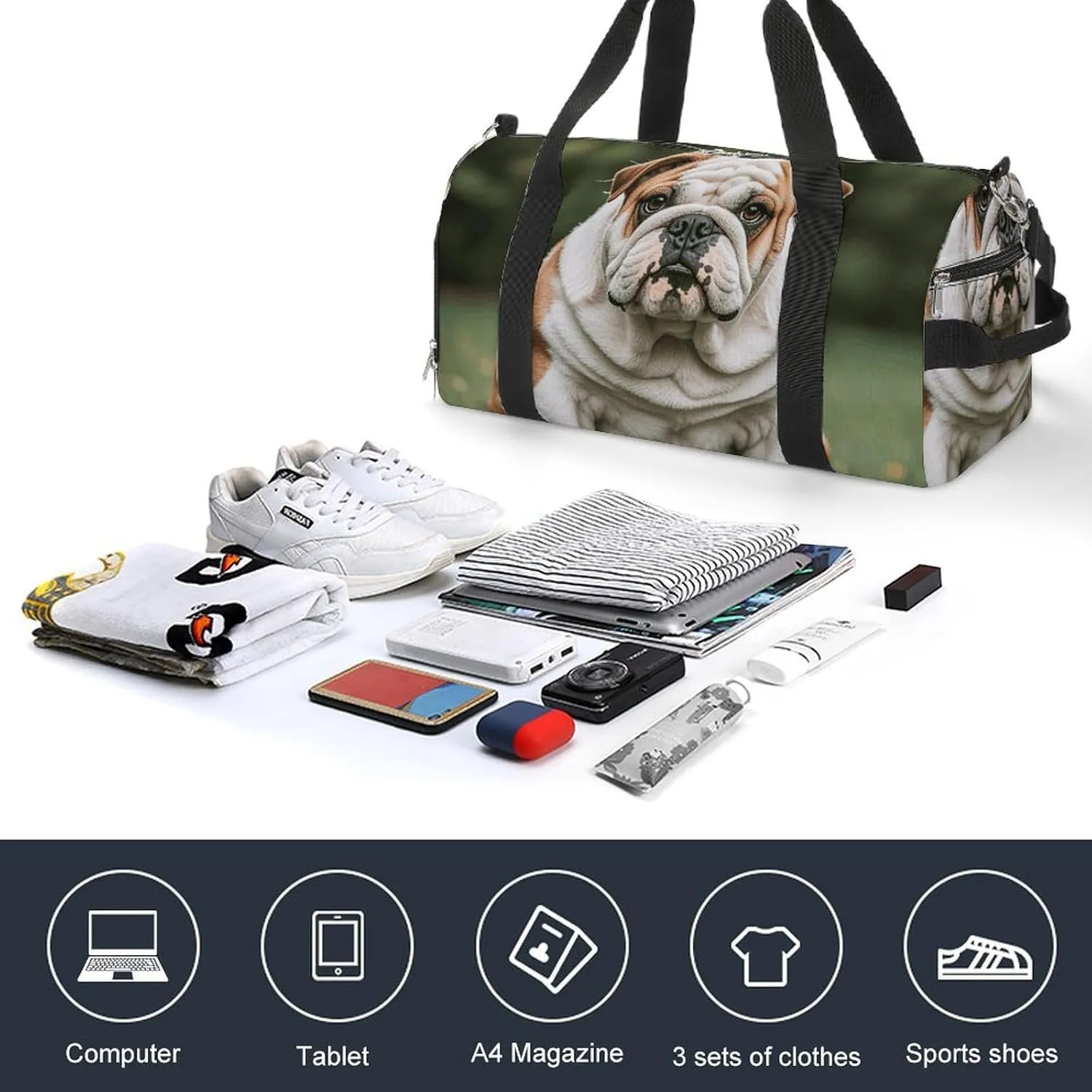 Gym Bags Small Cute English Bulldog Duffel Bag Overnight Bag with Shoe Compartment Carryon Bag for Men Women