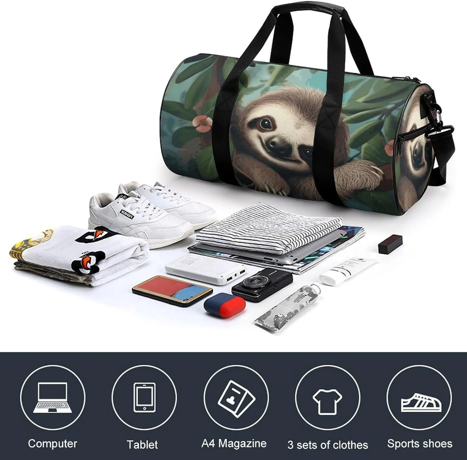 Gym Bags Small Cute Sloth Duffel Bag Overnight Bag with Shoe Compartment Carryon Bag for Men Women