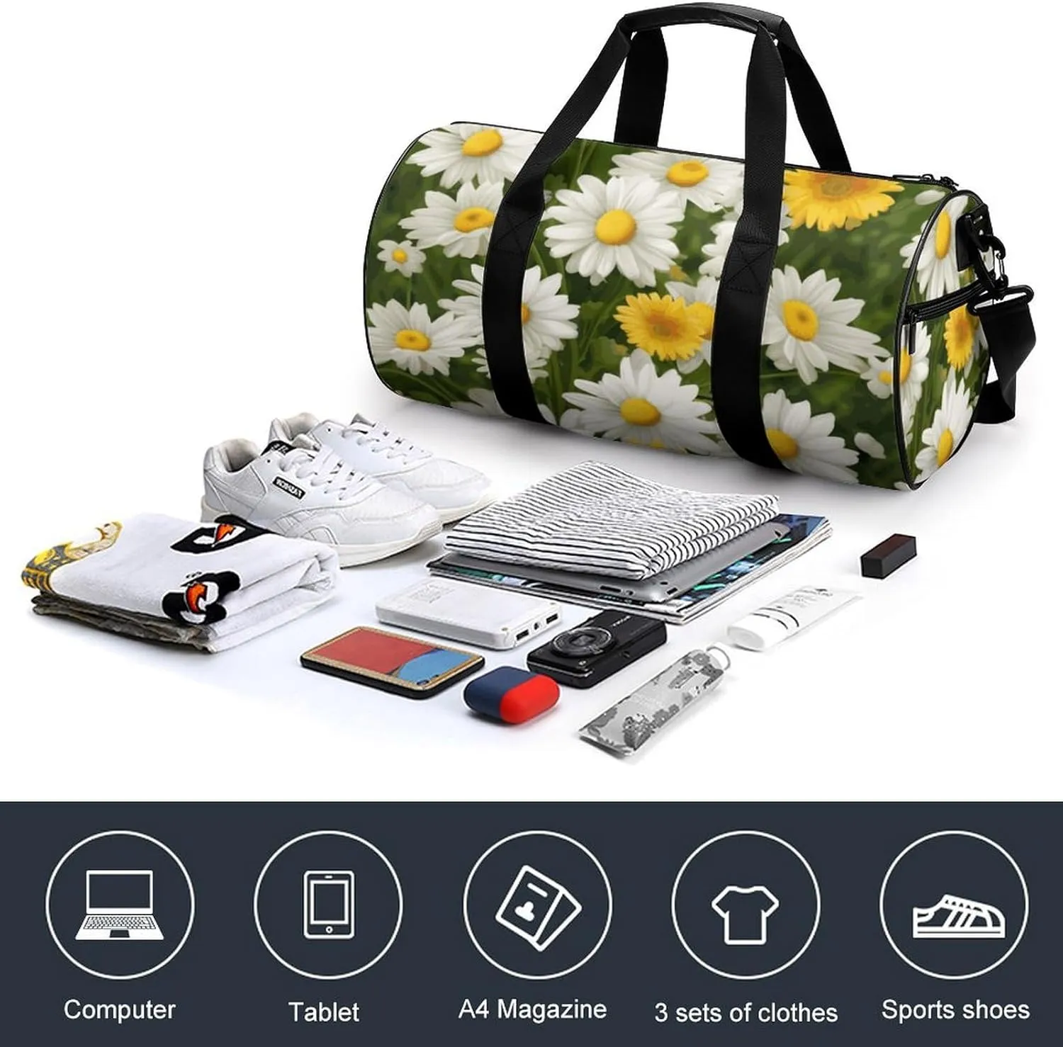 Gym Bags Small Summer Floral Daisies Flower Duffel Bag Overnight Bag with Shoe Compartment Carryon Bag for Men Women