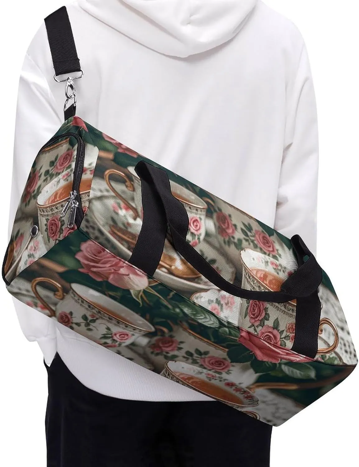 Gym Bags Small Tea Cups with Roses Romantic Duffel Bag Overnight Bag with Shoe Compartment Carryon Bag for Men Women
