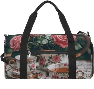 Gym Bags Small Tea Cups with Roses Romantic Duffel Bag Overnight Bag with Shoe Compartment Carryon Bag for Men Women