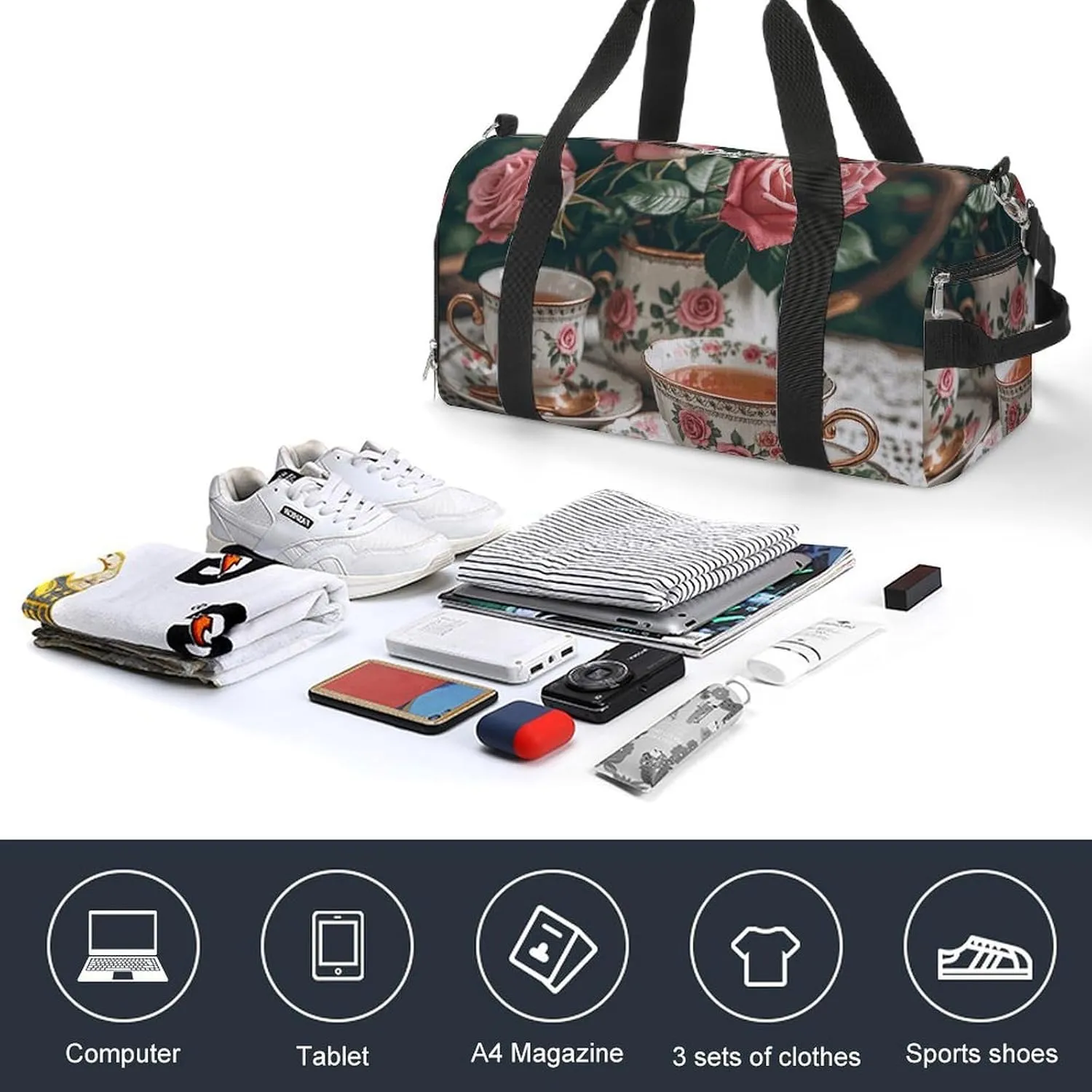 Gym Bags Small Tea Cups with Roses Romantic Duffel Bag Overnight Bag with Shoe Compartment Carryon Bag for Men Women