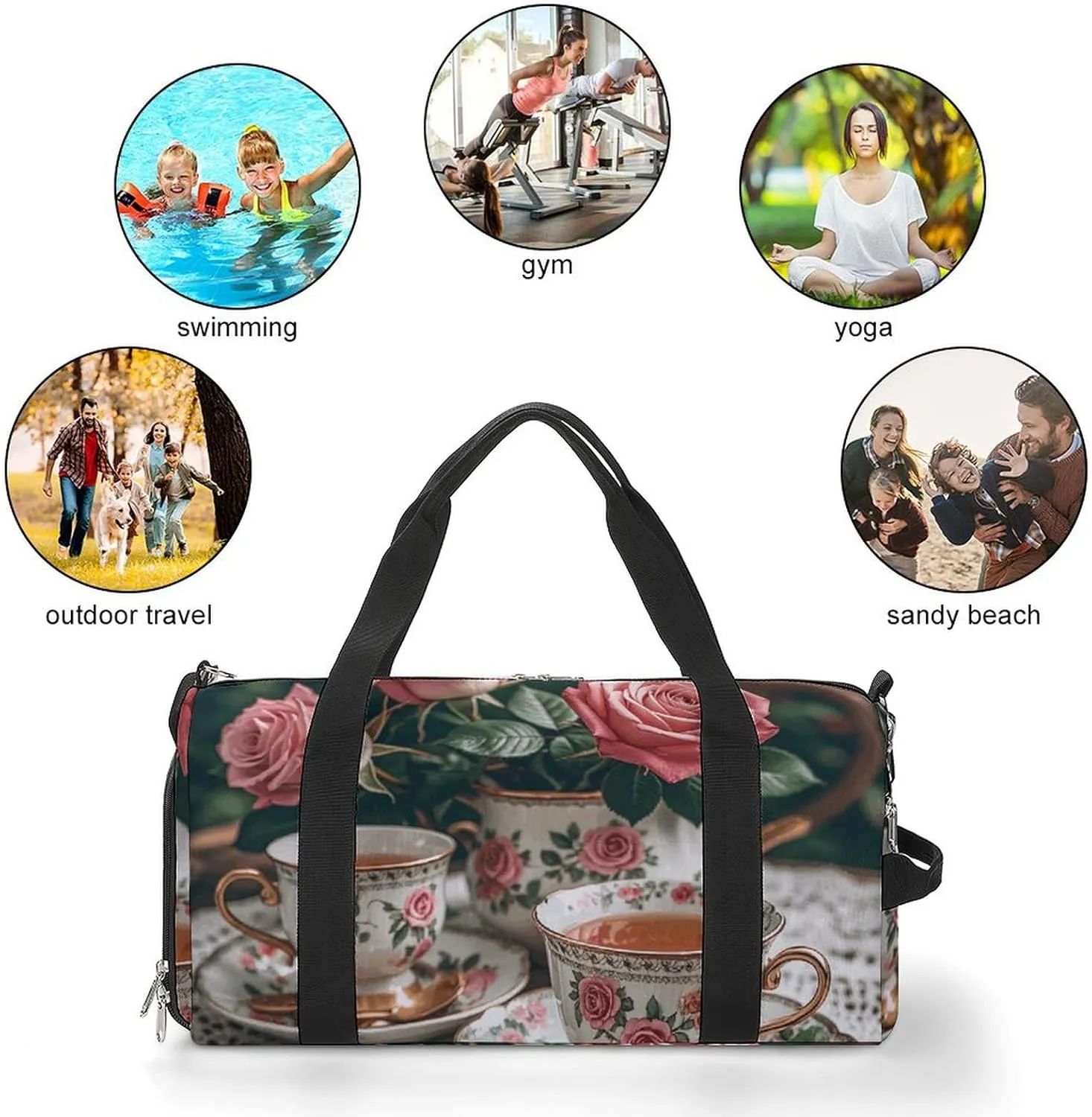 Gym Bags Small Tea Cups with Roses Romantic Duffel Bag Overnight Bag with Shoe Compartment Carryon Bag for Men Women