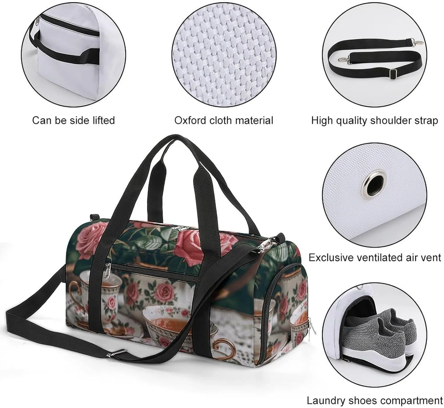 Gym Bags Small Tea Cups with Roses Romantic Duffel Bag Overnight Bag with Shoe Compartment Carryon Bag for Men Women