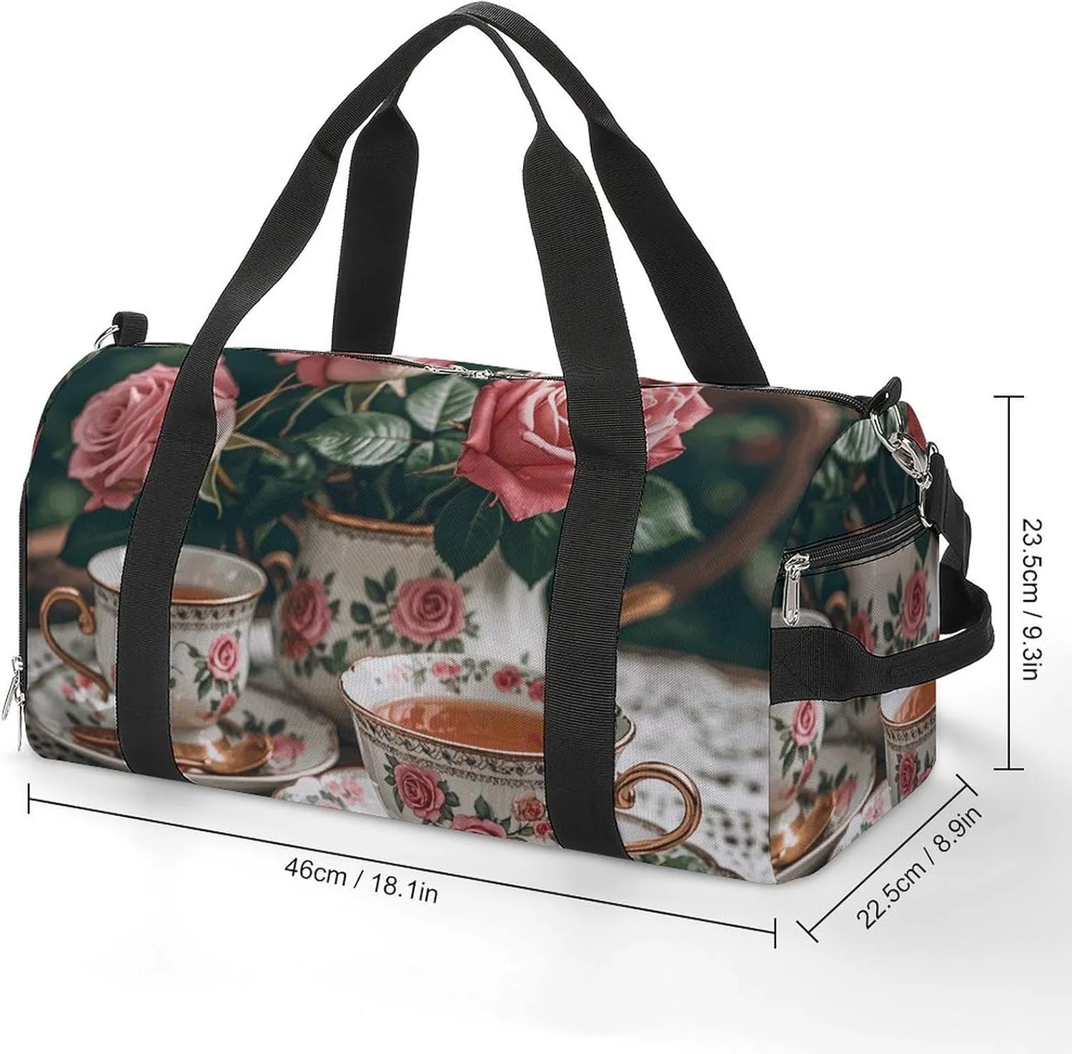 Gym Bags Small Tea Cups with Roses Romantic Duffel Bag Overnight Bag with Shoe Compartment Carryon Bag for Men Women