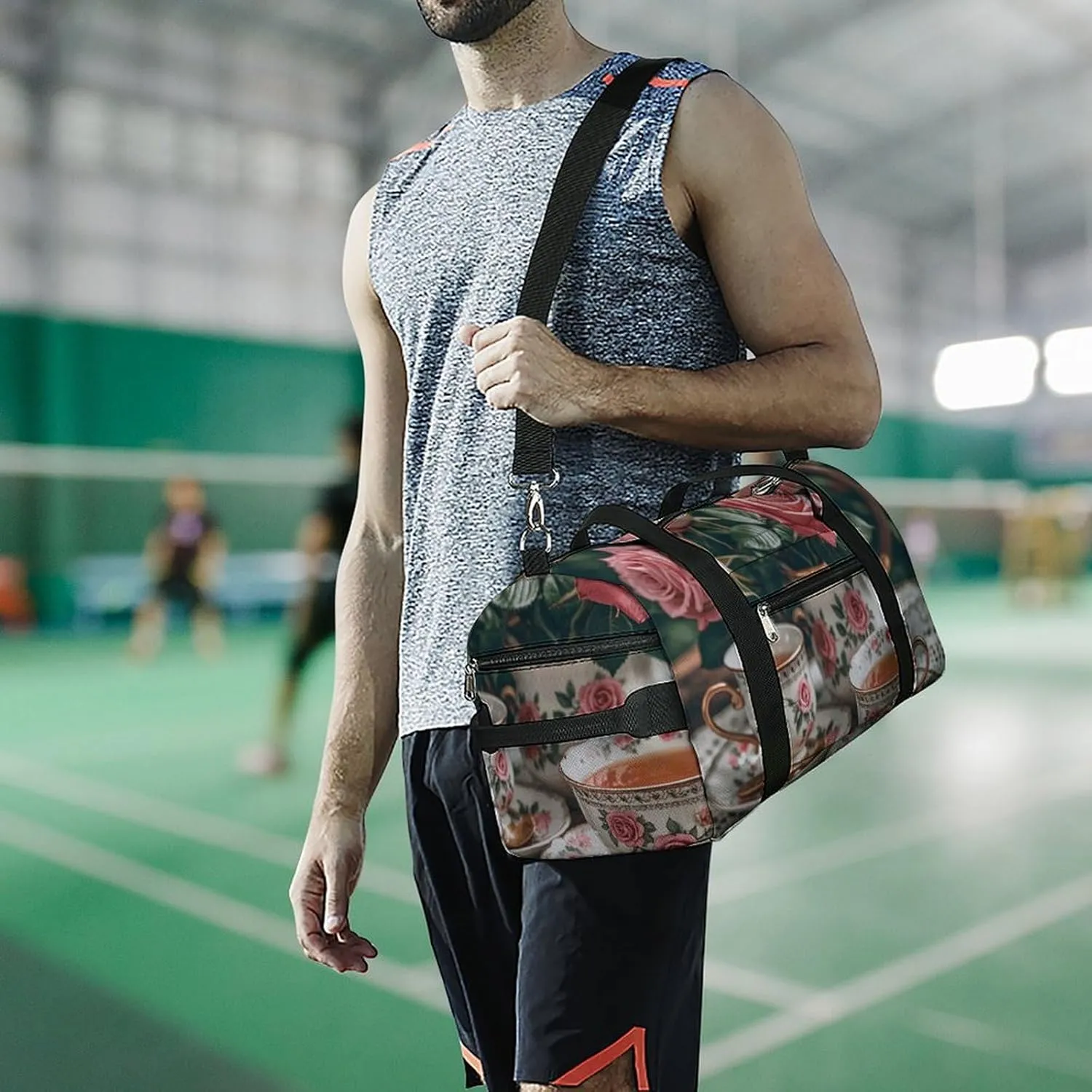 Gym Bags Small Tea Cups with Roses Romantic Duffel Bag Overnight Bag with Shoe Compartment Carryon Bag for Men Women