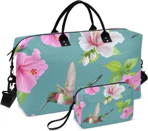 Gym Duffel Bag Pink Hibiscus Flower Hummingbird Travel Quilted Bags Set for Overnight Weekender Trip