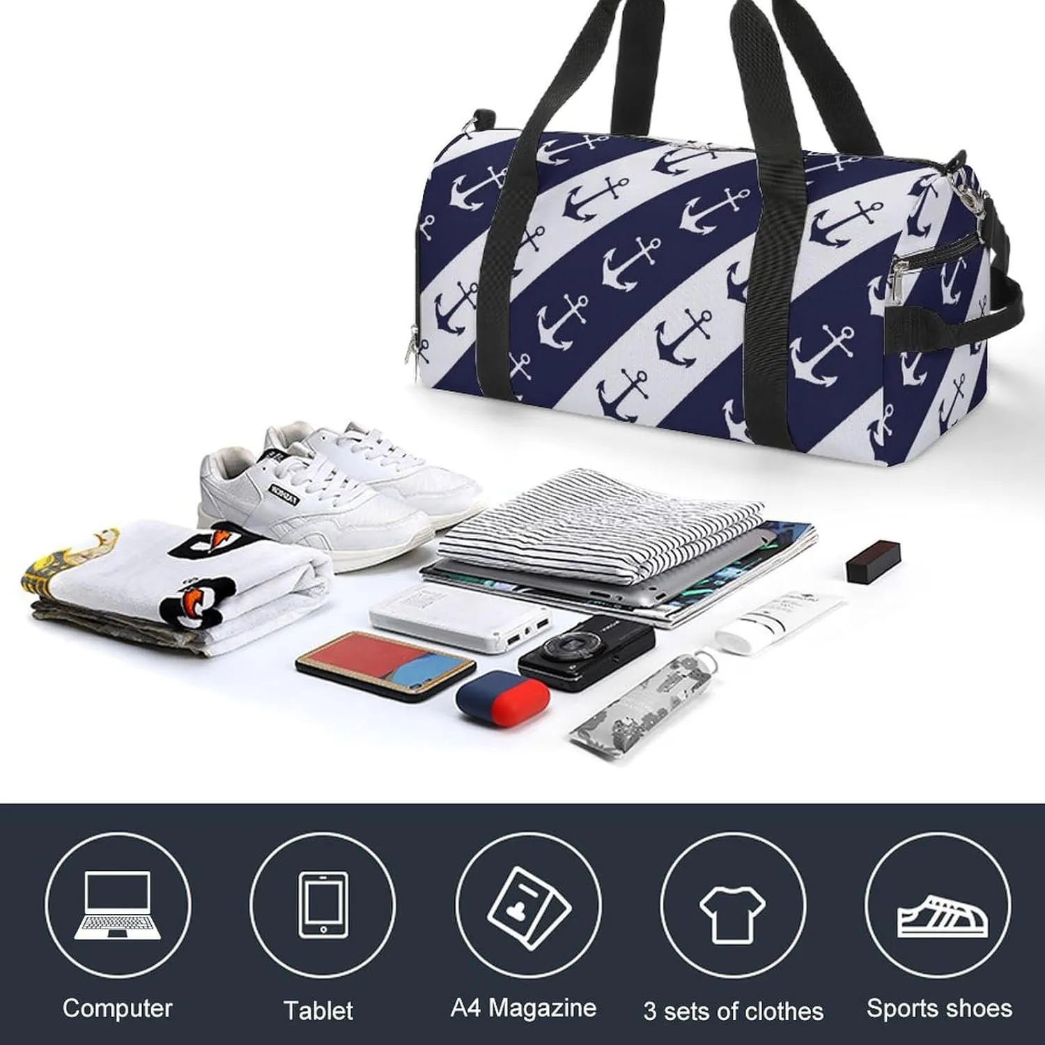 Gym Duffel Bag with Shoe Compartment Wet Pocket, Anchors White Blue Striped Travel Bag for Men Women